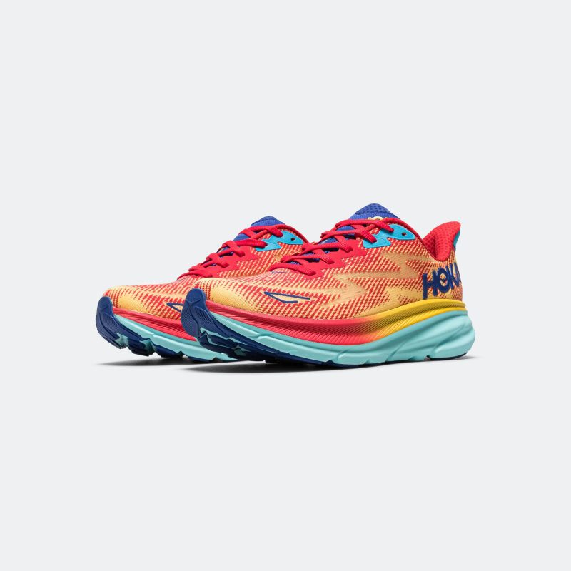 hoka running mens and womens clifton 9 cerise cloudless 2