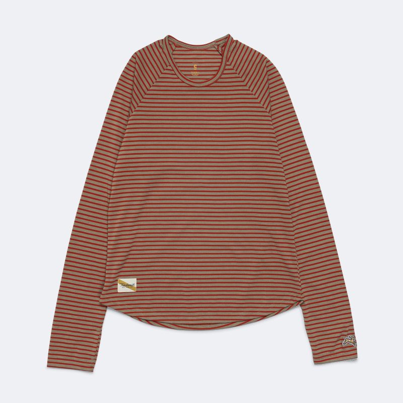 tracksmith running womens horizon long sleeve taupe scarlet stripe 1