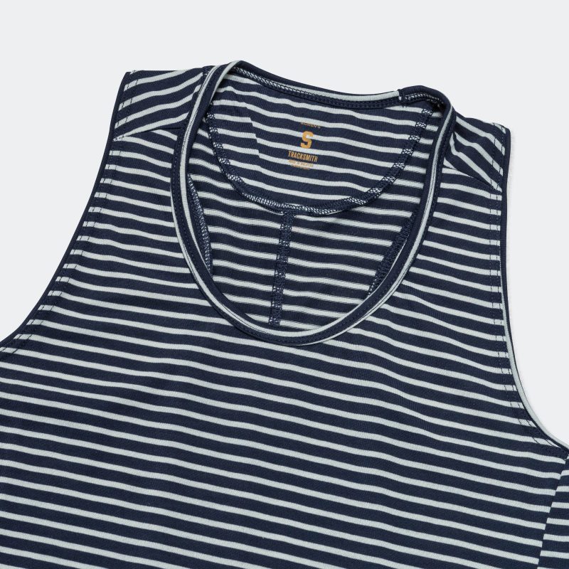 tracksmith running womens horizon tank navy ivory stripe 3