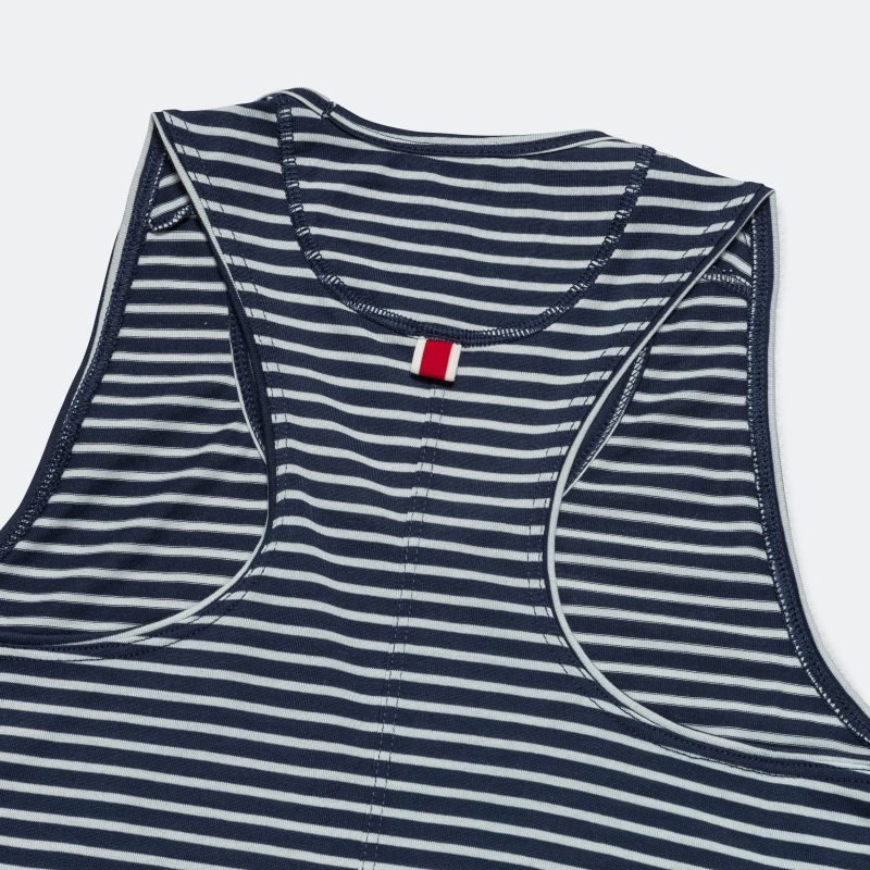 tracksmith running womens horizon tank navy ivory stripe 5